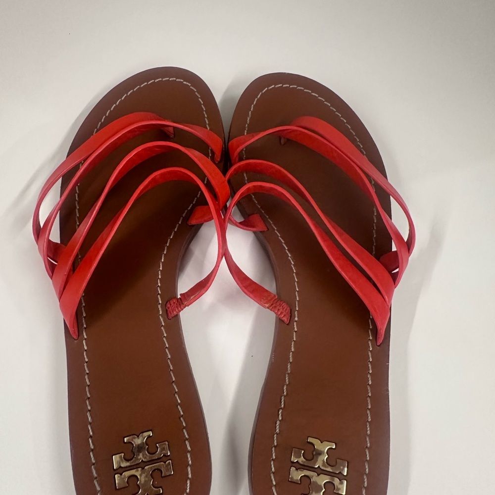 Tory Burch Red Multi-Strap Brown Footbed Sandals